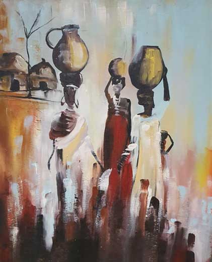 peinture de femmes africaines portant un pot sur leurs tetes