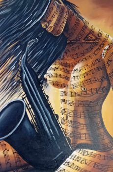 tableau femme nue note de musique sur le corp qui joue du saxo bordeaux